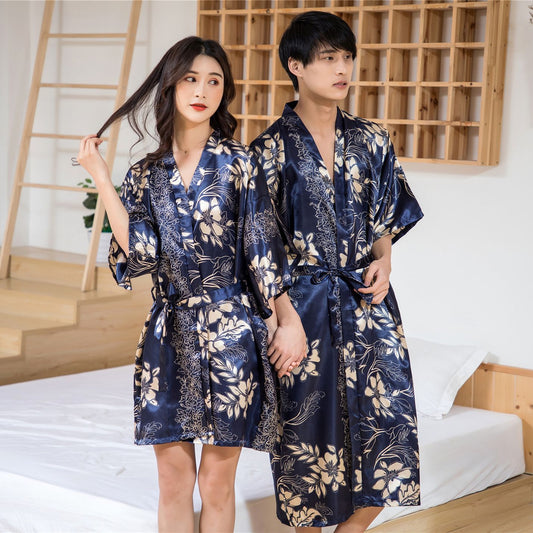 Couples Imitation Silk Nightgown Printed Spring And Summer Kimono